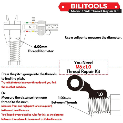 Diagram showing measurement tips for selecting M6x1.0 Thread Repair Kit With HSS Drill For Helicoil Inserts, with thread and pitch details.