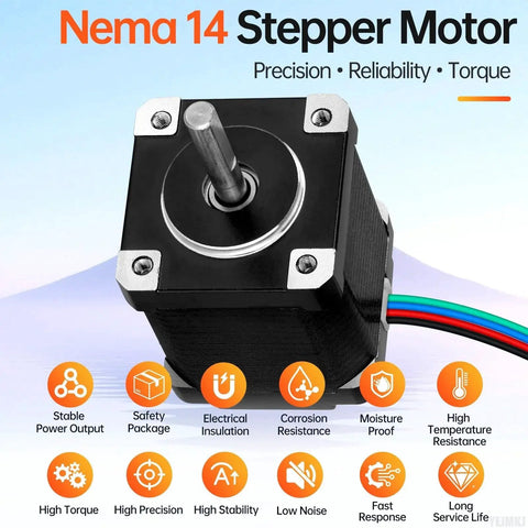 High Torque Nema 14 Stepper Motor 2 Phase 1.8 Degree 20 Ncm Bipolar Drive with 4 Wire Cable shown against feature icons.