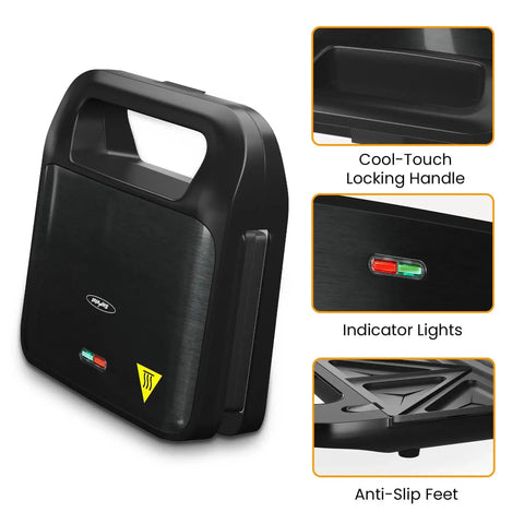 Black Three In One Sandwich And Waffle Maker with Removable Plates, Panini Press, Indicator Lights, Cool-Touch Handle, 750W.