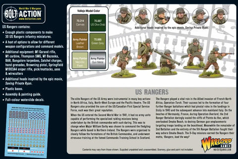 Box contents of US Rangers 28mm Plastic Miniatures for World War II Tabletop Wargaming with infantry figures and weapon options.
