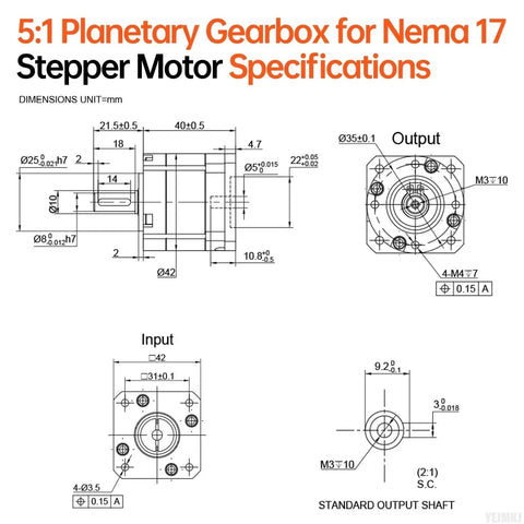 Technical diagram of 5 To 1 Planetary Gearbox Reducer For Nema 17 Stepper Motor 42 40mm Body With 15 Arcmin Backlash