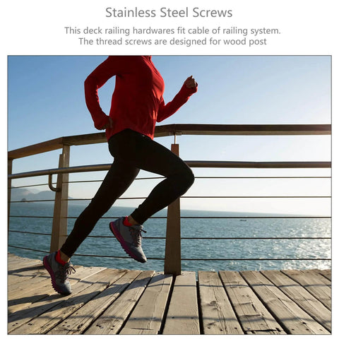 Runner on deck with stainless steel railing, showcasing beefy stainless steel threaded lag screws with spanner for cable tensioning.