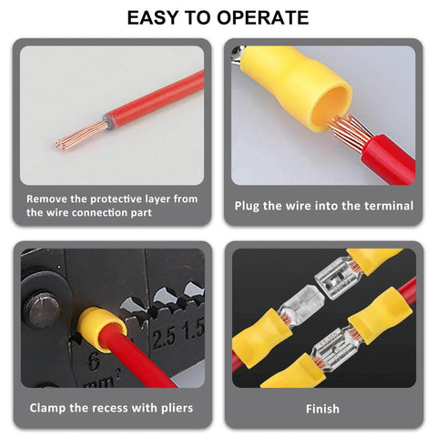 Steps for using insulated wire connectors, showing wire stripping, plugging into terminal, crimping, and completed connection.