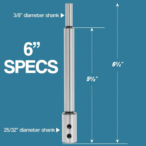 Heavy Duty Six Inch And Ten Inch Forstner Bit Extension Set For Three Eighths Inch Shank Bits Extends Drilling Depth To Eight And A Half Inches Perfect For Woodturning Furniture Making And Carpentry Projects displaying the 6-inch extension with measurements on blue background.