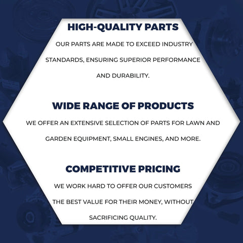Blue promotional banner featuring a white hexagonal panel with text about high-quality parts and wide product range.