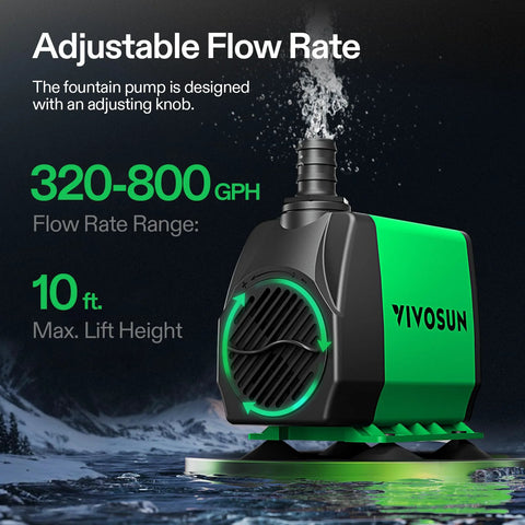 VIVOSUN submersible fountain pump in black and green, 320-800 GPH flow range, 10 ft lift, for ponds and aquariums