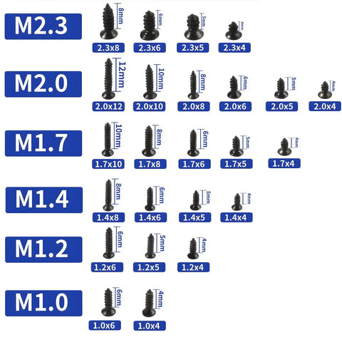 1560 Pieces Black Flat Head Self Tapping Screws Set for Woodworking and Electronics, assorted sizes in M1-M2.3 shown