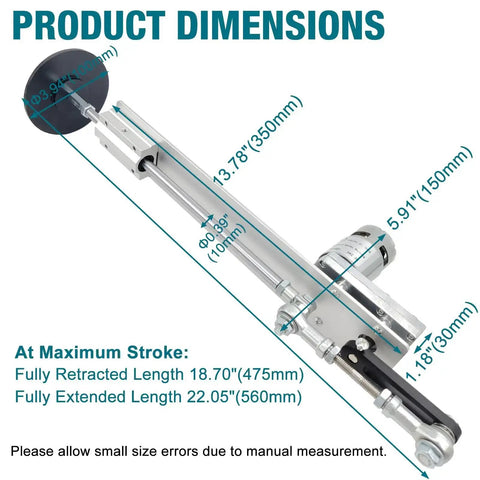 Diagram of 24V Reciprocating Linear Actuator With Suction Cup and Speed Controller showing dimensions and telescopic stroke lengths