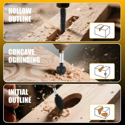 3 Piece Rotary Burr Set With One Eighth Inch Shaft Die Grinder Bits For Woodworking Carving And Engraving In Wood Rubber And Plastic Compatible With Dremel Foredom DeWalt Milwaukee And Other Brands Beast Carbide Bits For Quick Material Removal showing close-up of bits carving wood