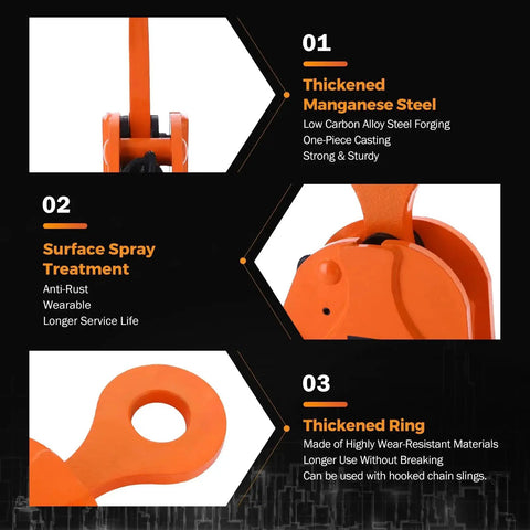 Vertical Plate Lifting Clamp 2 Ton 4400 Lbs for Sheet Metal Heavy Duty Lift showing thickened manganese steel, surface spray treatment, and thickened ring features