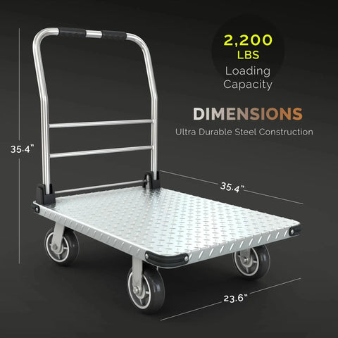 Heavy Duty 2200 Pound Capacity Foldable Push Cart Dolly with dimensions and metal construction, ideal for moving furniture and luggage