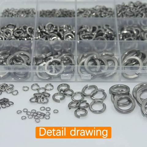 1100 pcs spring lock washers assortment in stainless steel, metric M2-M12, stored in clear organizer tray