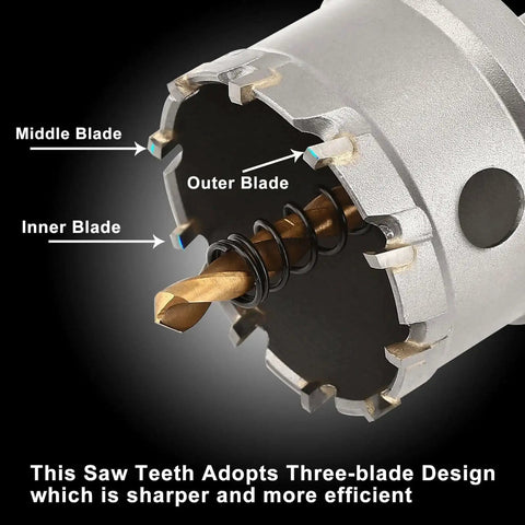 2 Inch 51mm Tungsten Carbide Hole Saw With Titanium Plated Pilot Drill Bit Built To Smash Through Hard Metals Stainless Steel Aluminum Plastic Iron Be Your Go To Tool For Quick Clean Cuts Includes Hex Key And Protective Box showing close-up of three-blade design with titanium-plated pilot.