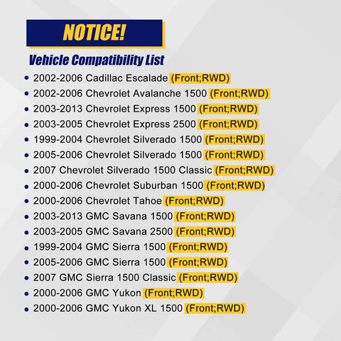 Vehicle compatibility list for Beefed Up 515054 2WD Front Wheel Hub And Bearing Assembly For Chevy models