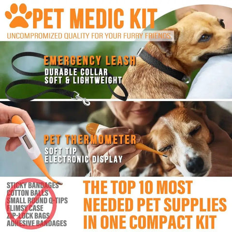 Pet Medic First Aid Kit With 95 Piece Vet Approved Medical Supplies For Dogs And Cats including thermometer and leash.