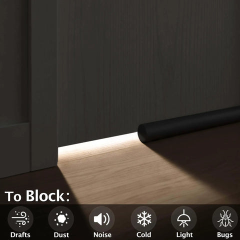 Large 36 Inch Door Draft Stopper Foam under door blocking light and cold air, black under door sweep guard for drafty rooms and home essentials.