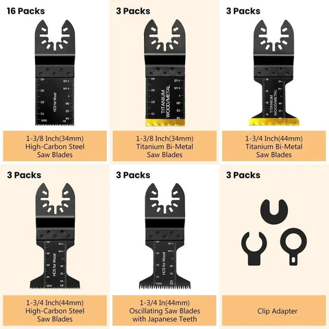 Titanium Coated 31 Piece Oscillating Tool Blades Set For Metal Wood Plastic With Quick Release Attachment Display