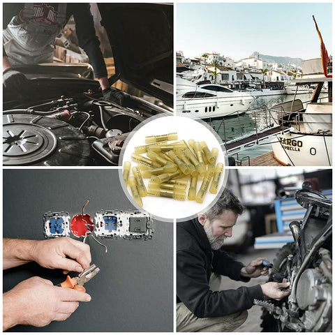 Heat shrink butt connectors, 12-10 AWG waterproof crimp terminals in yellow for marine and automotive wiring