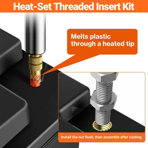 Heat Set Threaded Inserts Kit With 716 Pieces Including M2 M3 M4 M5 M6 Inserts, Nuts, Bolts, Washers And 60W Soldering Iron With Holder, 5 Tips, Maker Friendly For 3D Printer Parts And Plastic Projects shown in use melting plastic.