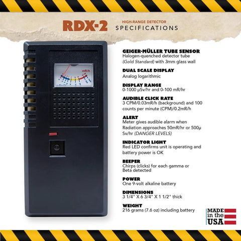 RDX-2 handheld radiation detector with analog meter, black plastic case, hazard-striped border, Made in the USA.