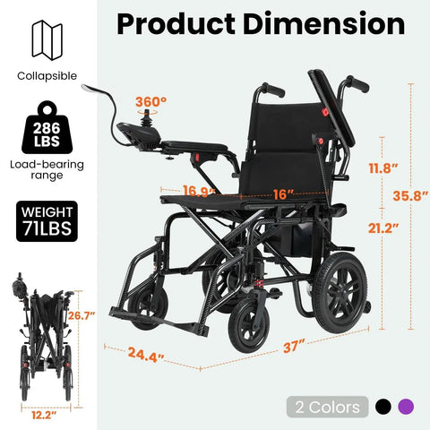 SUNDERWELL electric wheelchair, foldable, black with removable battery and joystick controls.