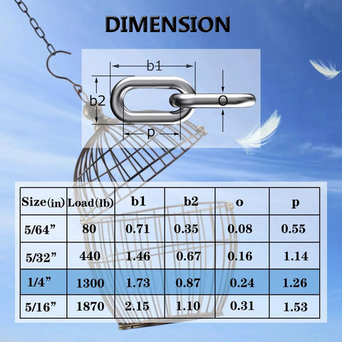 Dimensions of One Quarter Inch Six And A Half Foot 304 Stainless Steel Link Chain for Trailers and Towing, load capacities table shown