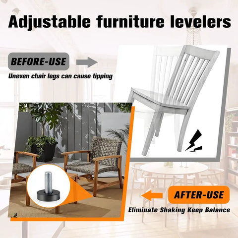 Adjustable furniture levelers before and after use on chairs, featuring the 12 Pack 1/4 Inch Threaded Leveling Feet Set For Furniture Durable Screw In Floor Protectors And Table Levelers Ideal For Tables Cabinets Chairs And Stool Legs Easy Install No Slip Feet.