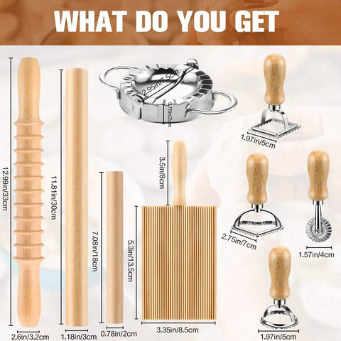 9 Piece Gnocchi And Pasta Making Set With Gnocchi Board, Pasta Cutter, Ravioli Stamp, Rolling Pin, Dumpling Makers And Noodle Tools.