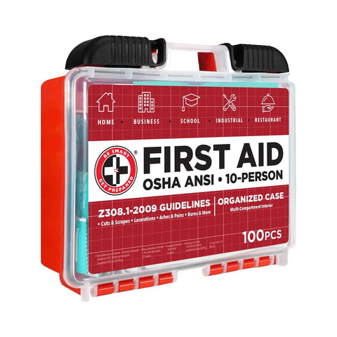 Front view of Ten Person OSHA ANSI First Aid Kit with 100 pieces for home office school industrial sites and restaurants.