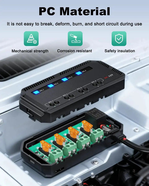 12V Motorcycle Fuse Block Kit With 20A Relay Box And LED Indicator placed in vehicle engine bay