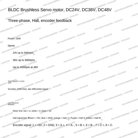Technical specifications of the Beefy Torque Brushless DC Servo Motor With Hall Encoder Feedback Three Phase For 24V 36V Or 48V