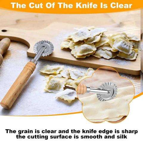 Versatile Long Handle Pastry And Pasta Cutter Wheel With Crinkle Edge For Effortless Slicing Of Ravioli Dumplings And Lasagna Pierogi And Beautiful Lattice Crusts Stainless Steel Construction TIESOME on bamboo handle with ravioli on wooden board