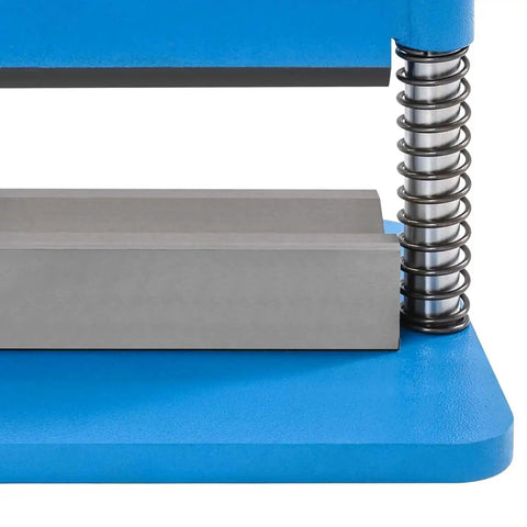 Close-up of 12 Inch Press Brake Attachment For Hydraulic Shop Presses Beefed Up Heavy Duty Metal Bending Tool with blue finish and springs.