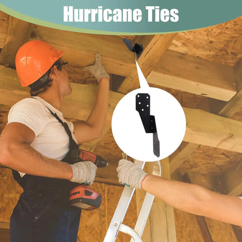 Installer using 30 Pack Heavy Duty Hurricane Ties Black Powder Coated for wood framing to enhance stability and support in extreme weather.
