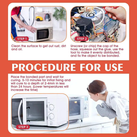 Illustration showing steps to use Heavy Duty High Temp Silicone Sealant For Oven, Grill, And Microwave