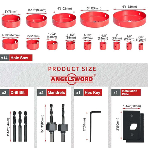 Heavy Duty Hole Saw Set With Double Ground Teeth 24 Piece Kit For Drywall Wood Plastic And PVC Angelsword Edition Includes Fourteen Saw Blades From Three Quarters Inch To Six Inches And Two Mandrels displayed with tools