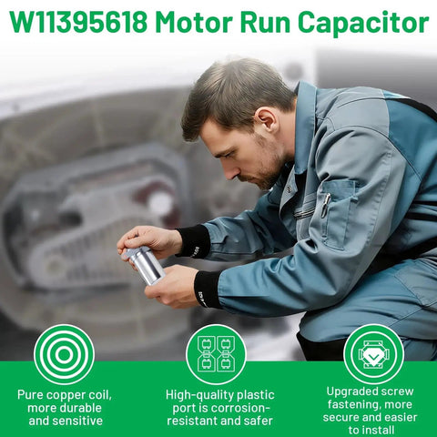 Metal washing machine run capacitor held by a technician in blue coveralls; washer interior blurred in background.