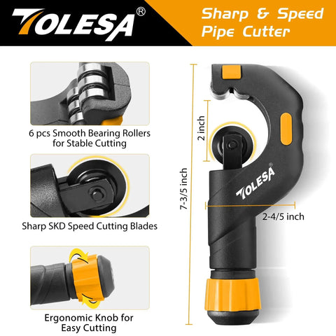 Heavy Duty Pipe Cutter Tool For 3/16 To 2 Inch OD Tubes With Deburring Tool And Reamer, Sharp Cutter Wheels, TOLESA