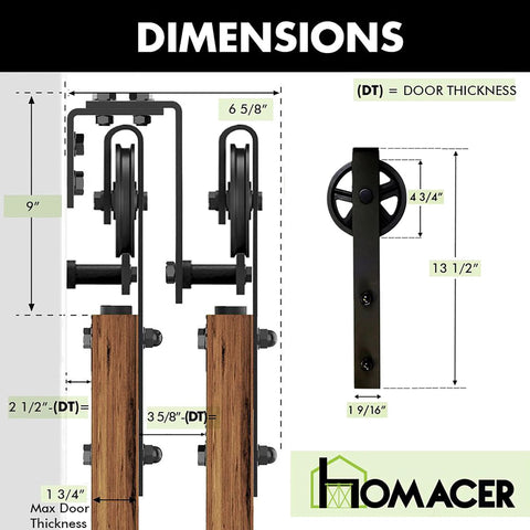 Black Rustic Double Track U Shape Bypass Sliding Barn Door Hardware Kit For Two Doors 10 Foot Flat Track With Spoke Wheel Rollers Space Saving Barn Door System Easy Install And Smooth Operation dimensions and installation guide.