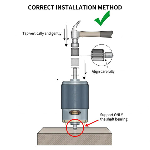 Installation guide for Dual 24V RS555 35000RPM Electric Motor Drive Engines for ride-on cars showing correct alignment and support method