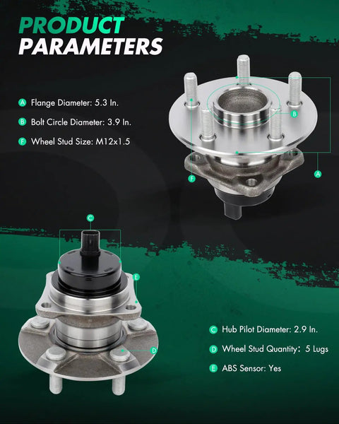 Two Rear Wheel Bearing And Hub Assembly Set For 2003 To 2008 Pontiac Vibe Toyota Corolla And Matrix And 2004 To 2009 Prius With ABS 5 Lug Pattern Plug And Play Fit OEM Style Replacement 512217, shown with specifications of dimensions, 5 lug pattern, and ABS compatibility.