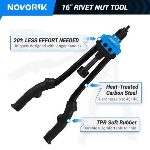 Pro Grade Rivet Nut Tool Kit, 16 Inch Riveter With 15 Mandrels, 182 Rivet Nuts And Rugged Carrying Case, close-up view of tool
