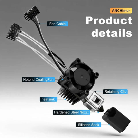 Image showing the All In One Hotend Kit For Bamboo Lab P1P And P1S 3D Printers with fan cable, cooling fan, heatsink, hardened steel nozzle, silicone sock.