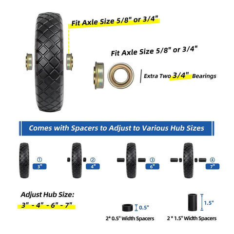 Solid Flat Free Tire And Wheel For Garden Cart 4.80/4.00-8 Inch, with spacers for hub sizes 3" to 7", axle size 5/8" or 3/4".