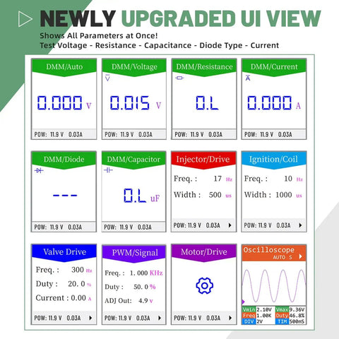 Digital display of upgraded UI view on QDB-5A ignition coil tester showing voltage, resistance, and signal readings.