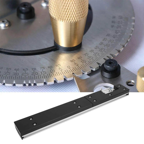Close-up of a 450mm Aluminum Box Joint Jig For Table Saw And Router Tables showing precision miter gauge and components.