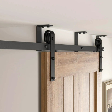 10 Ft Ceiling Mount Sliding Barn Door Hardware Kit Black With Low Ceiling L Shape Bracket System installed, supports 60 Inch Door