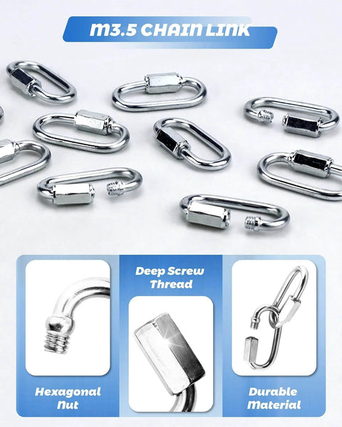 20 Pack Alloy M3.5 D Shape Locking Quick Links One Eighth Inch Chain Repair Links for outdoor gear with hexagonal nut and screw thread.