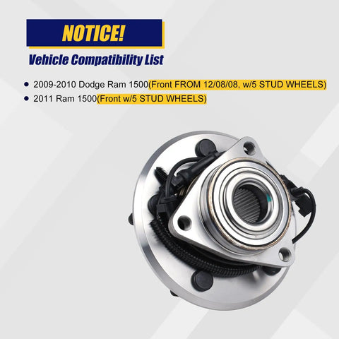 Front Wheel Bearing And Hub Assembly 515126 For 2009 To 2011 Dodge Ram 1500 Front With 5 Lug Bolts And ABS Direct Fit