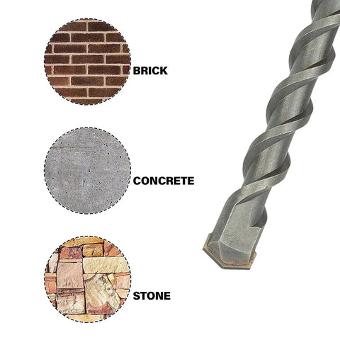 Heavy Duty 12mm Masonry Drill Bit for SDS Rotary Hammer Drills, 200mm Long, carbide tipped, shown with materials: brick, concrete, stone